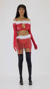 Seamless Fishnet and Feather Trim Santa Two-piece Garter Set