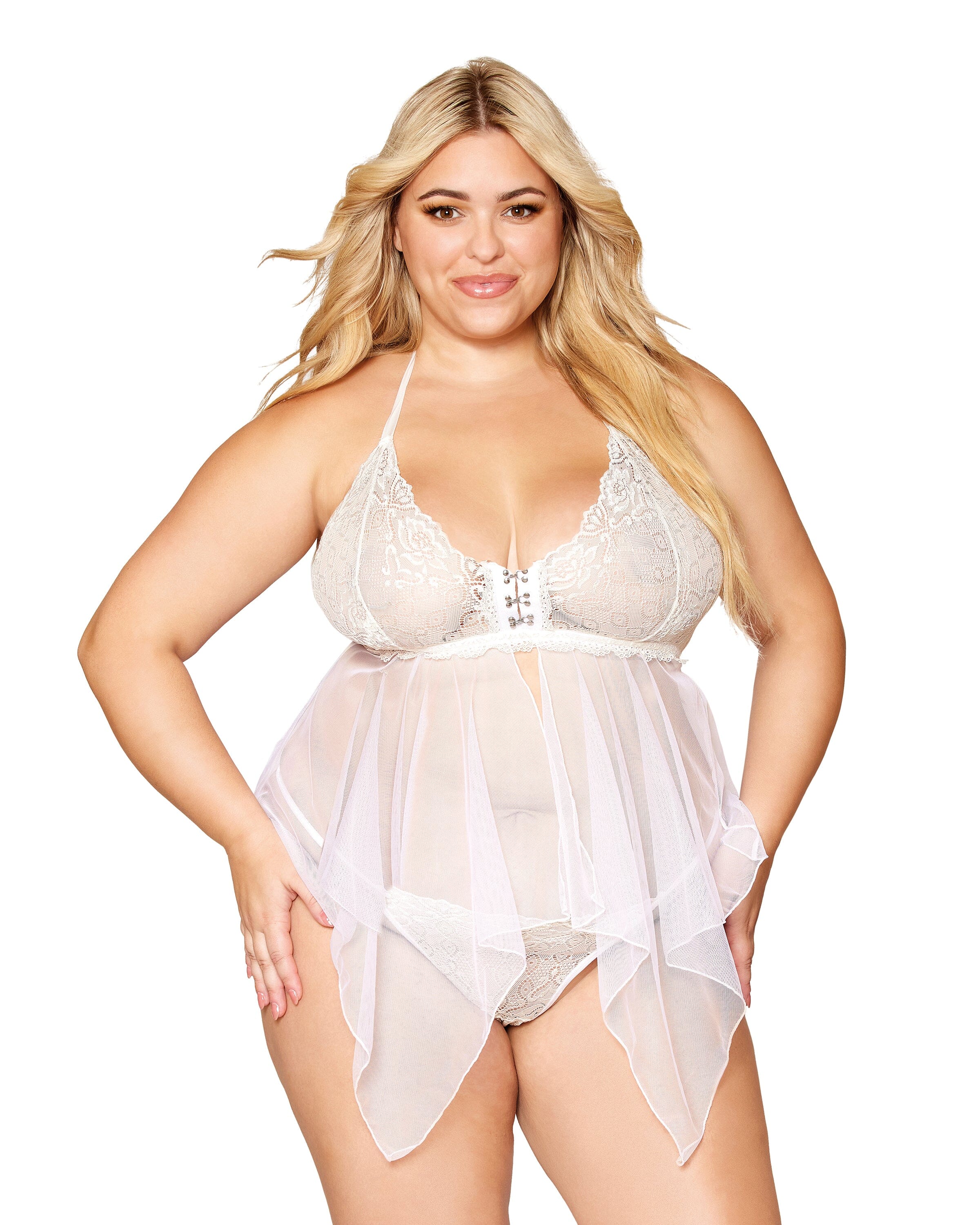 Dreamgirl Plus Size Seamless Long Sleeve Teddy with Removeable Gold Halter Chain