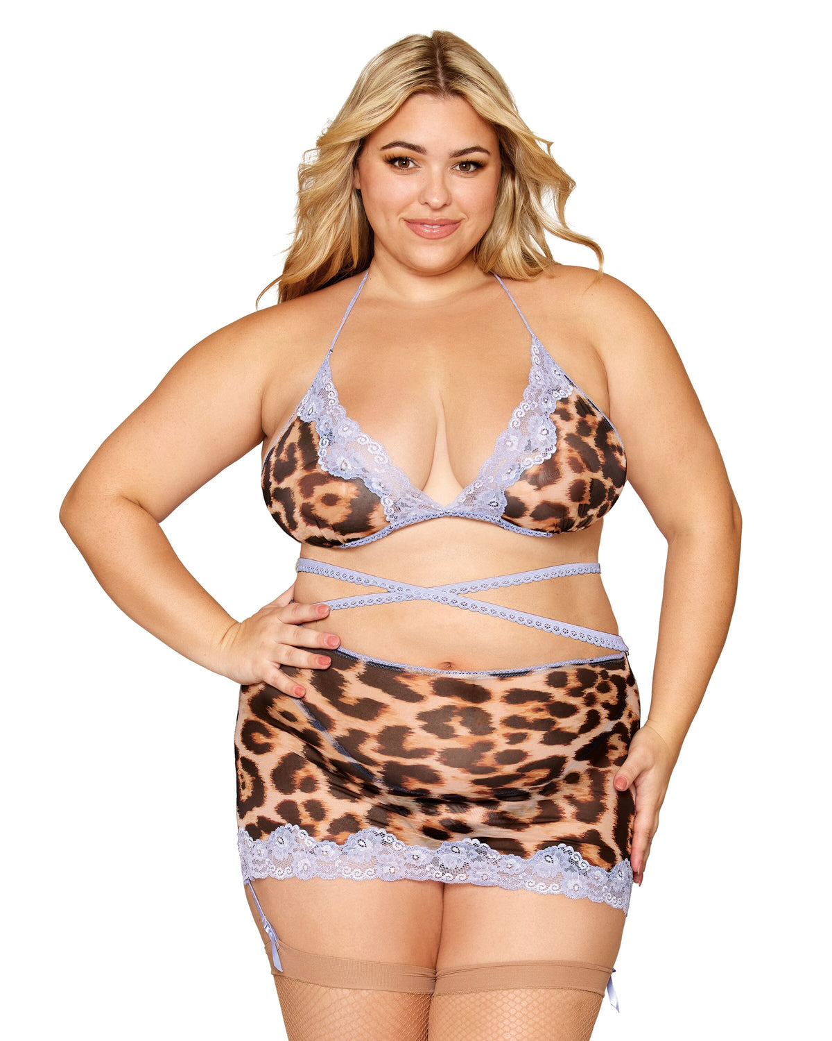 Dreamgirl Plus Size Leopard Printed Mesh with Contrast Scalloped Lace Bralette, Garter Skirt, and G-string Set Bralette set Dreamgirl 