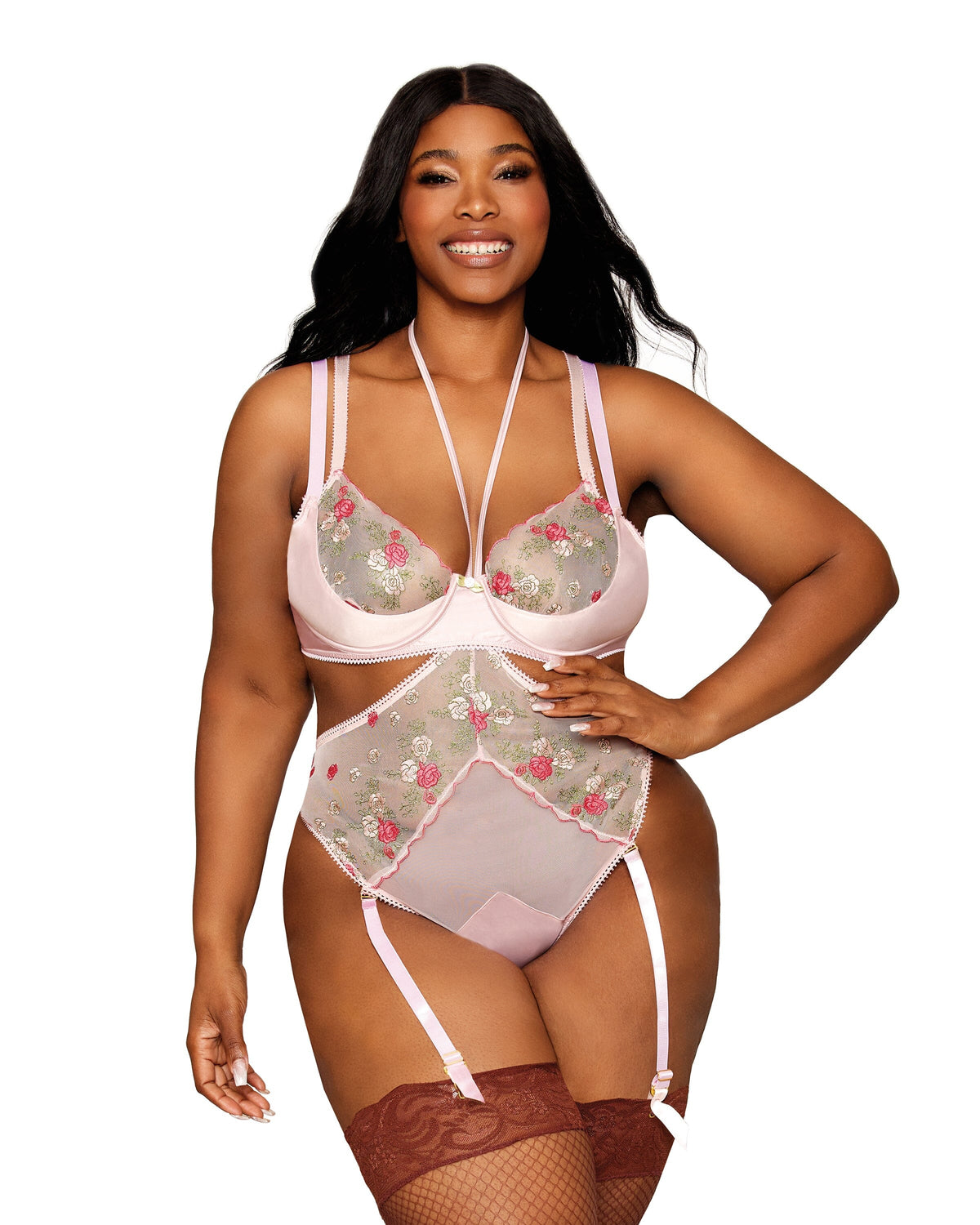 Dreamgirl Plus Size Vintage Rose Embroidery Bra and Open Cup Teddy Set Bra Set Dreamgirl 