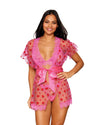 Flocked Heart Mesh and Eyelash Lace Robe, Bralette, and G-string Set Robes Dreamgirl 