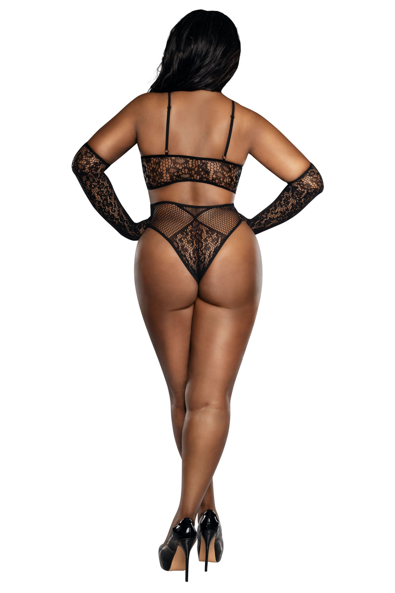 Dreamgirl Plus Black Lace Bralette Panty and Gloves Set