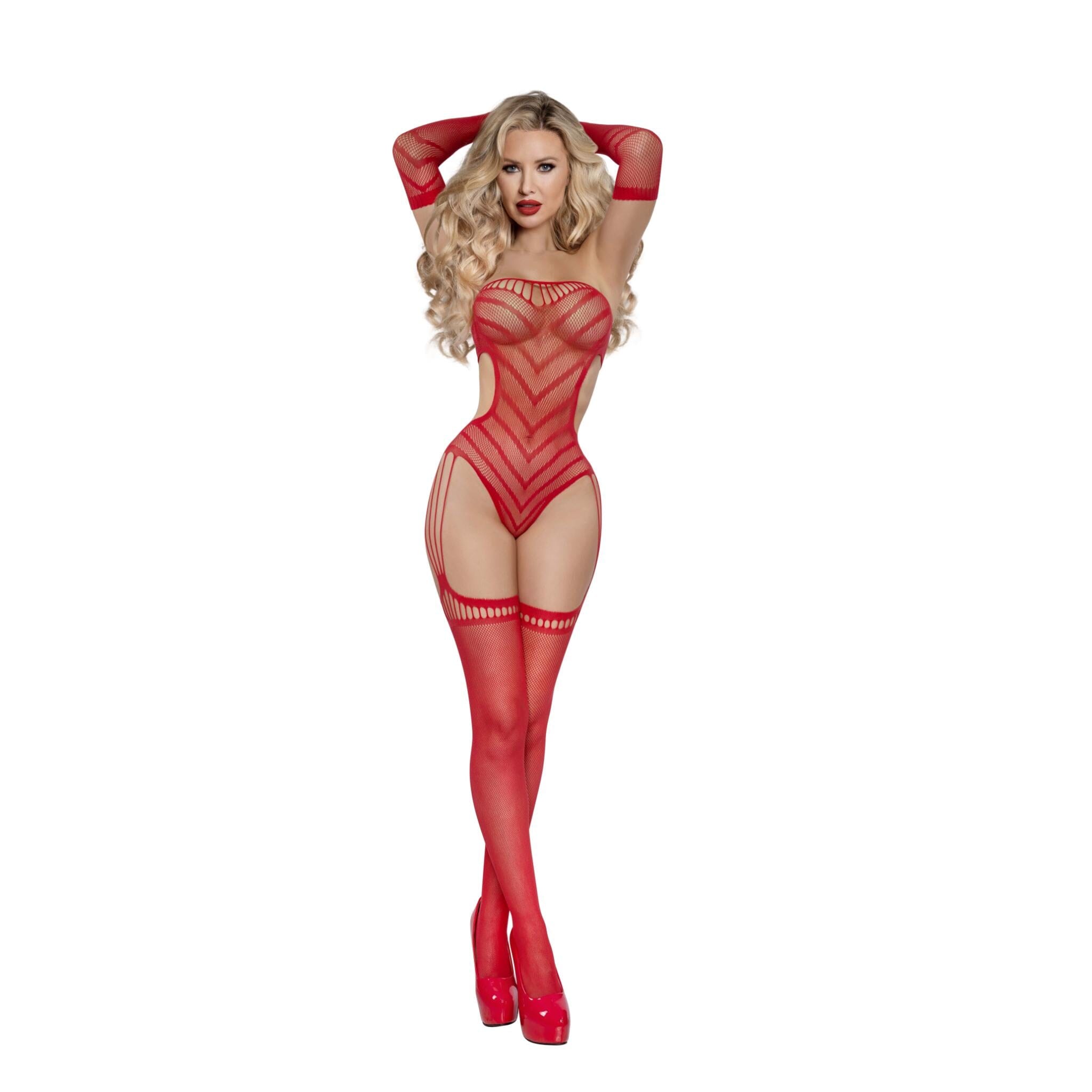 Dreamgirl Chevron Gartered Teddy with Gloves Lingerie Dreamgirl 