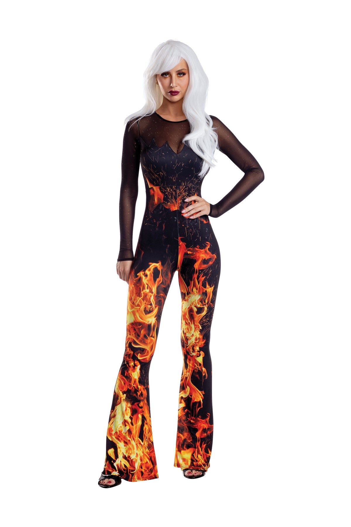 Dreamgirl Flame Jumpsuit with Mesh Neckline Women’s Costume – Fiery Halloween Outfit Costume Dreamgirl