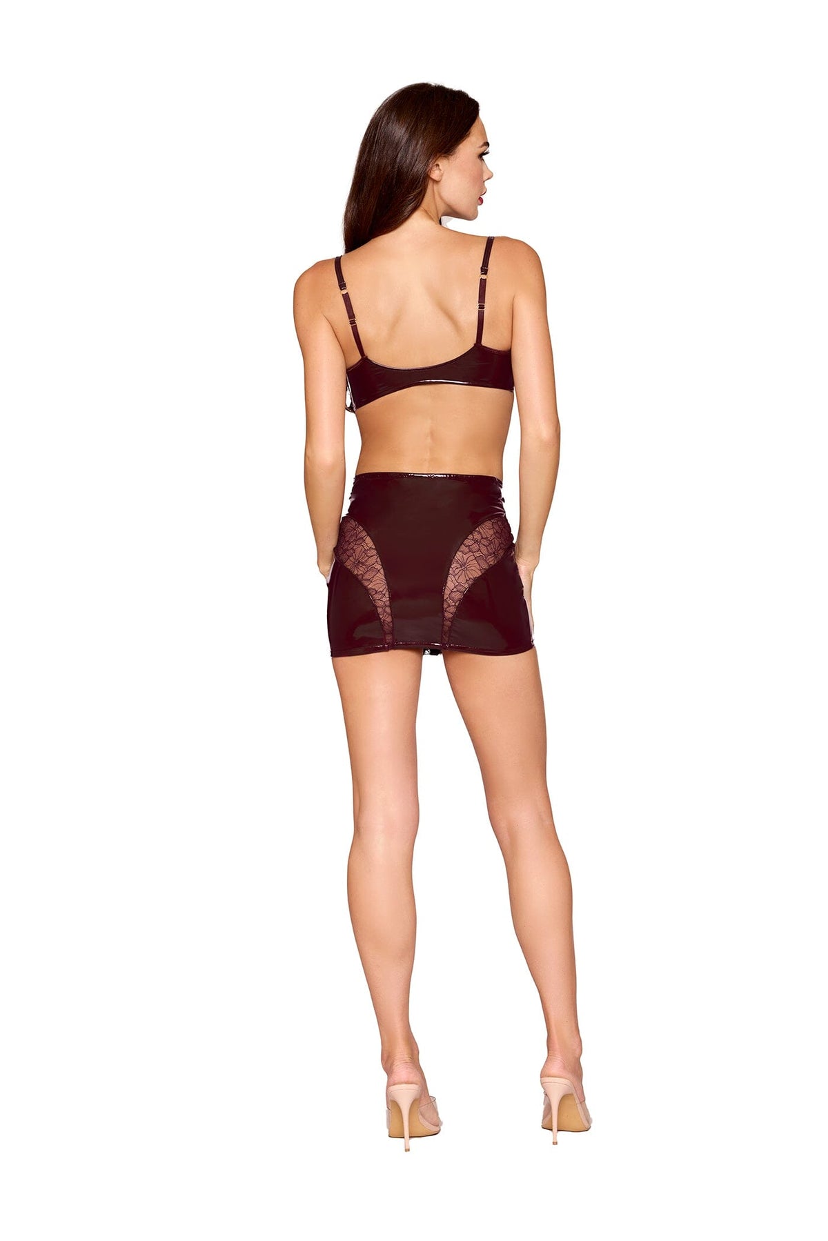 Dreamgirl Leather with Lace Cherry Lacquer Bra & Mini Skirt Lingerie Dreamgirl