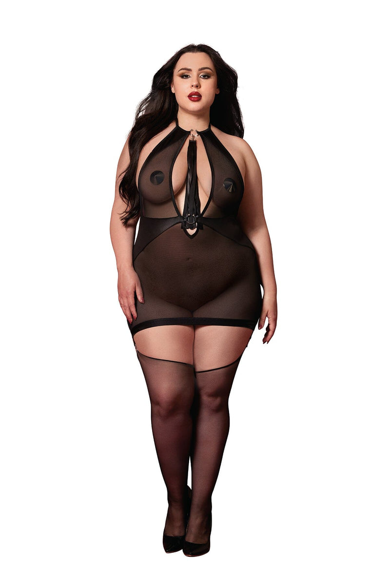 Dreamgirl Plus Black Fetish Garter Slip & Flogger Lingerie Dreamgirl 
