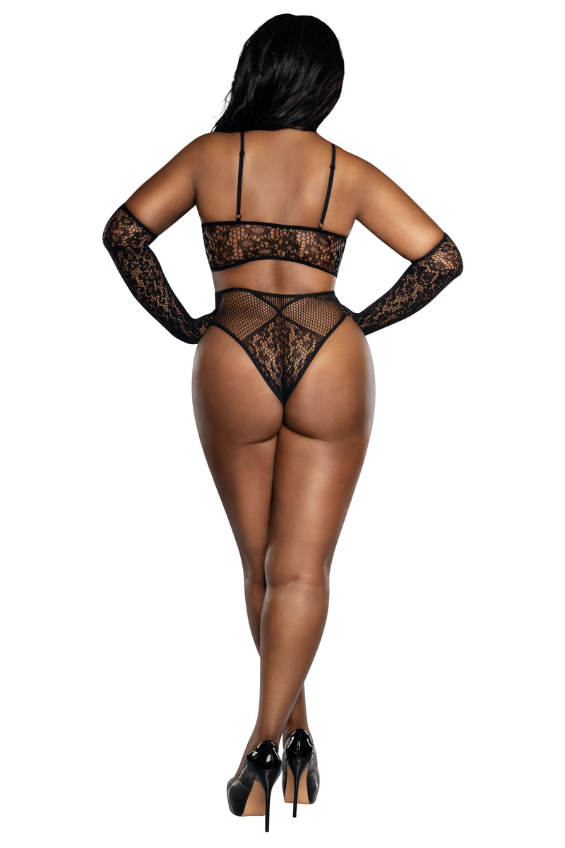 Dreamgirl Plus Black Lace Bralette Panty and Gloves Set Lingerie Dreamgirl 