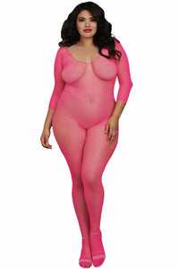Dreamgirl Plus Fishnet Open Crotch Bodystocking Bodystocking Dreamgirl One Size Queen Neon Pink 