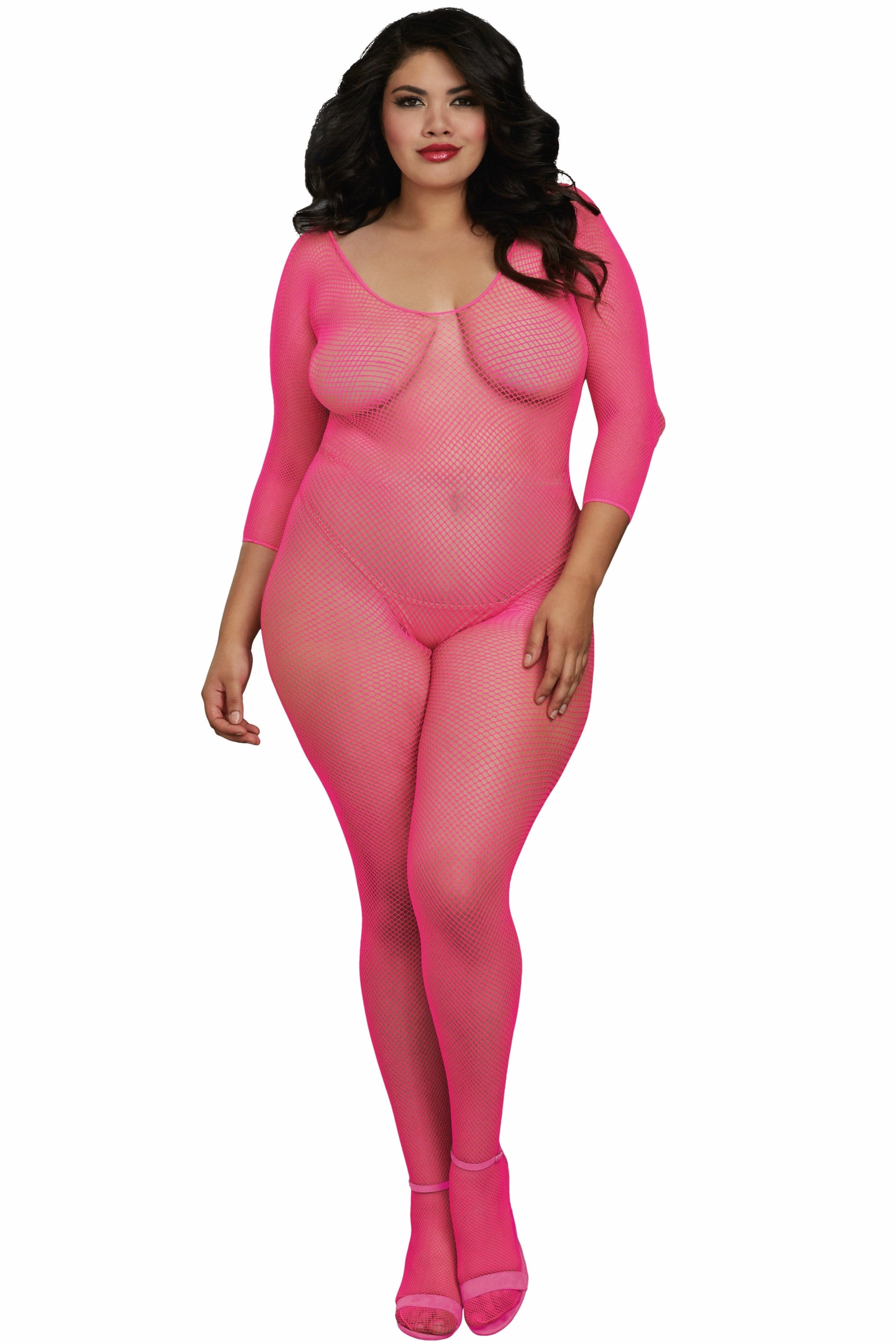 Dreamgirl Plus Fishnet Open Crotch Bodystocking Bodystocking Dreamgirl One Size Queen Neon Pink 
