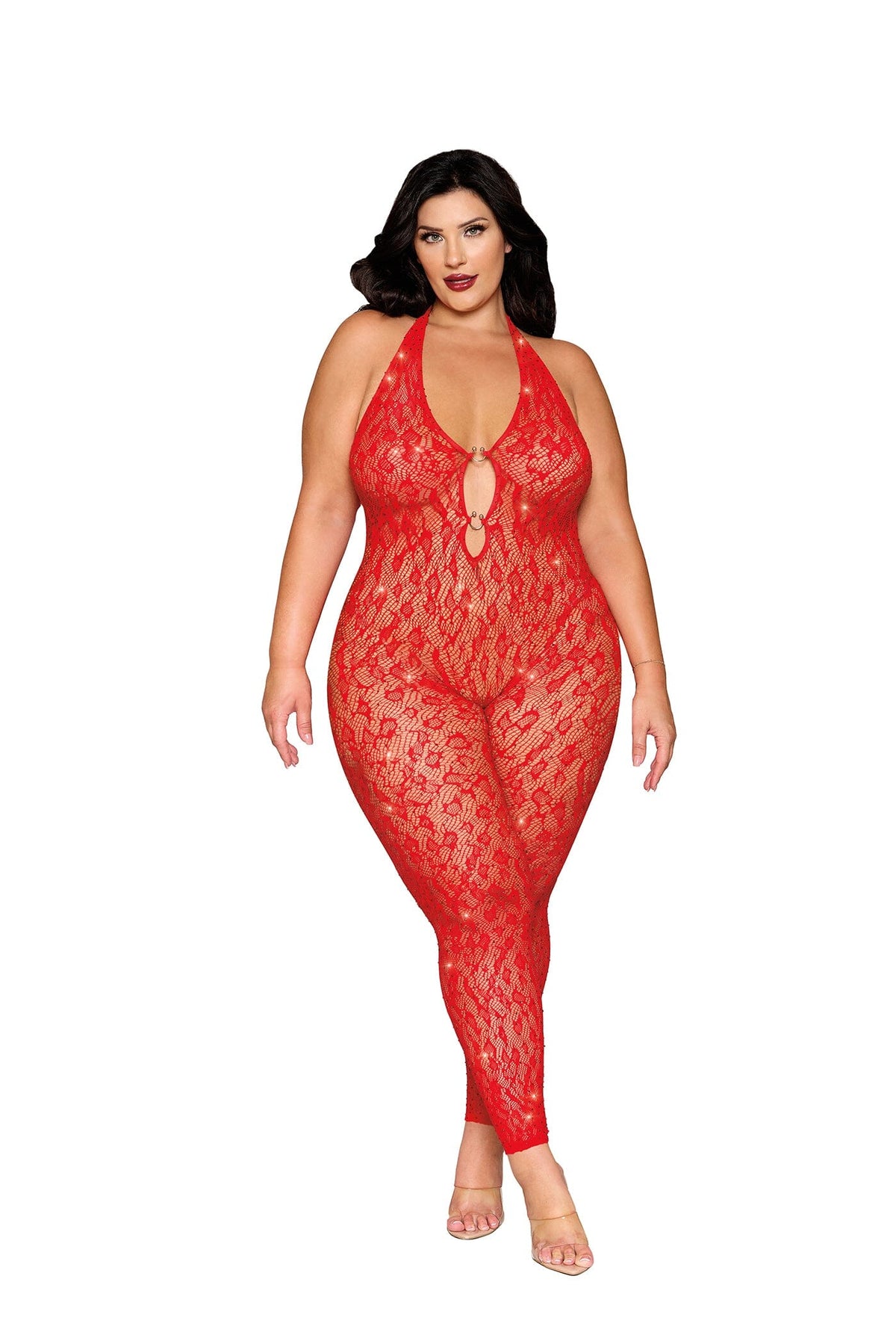 Dreamgirl Plus Poinsetta Rhinestone Bodystocking Lingerie Dreamgirl