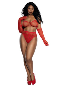 Dreamgirl Plus Red Lace Bralette Panty and Gloves Set Lingerie Dreamgirl 