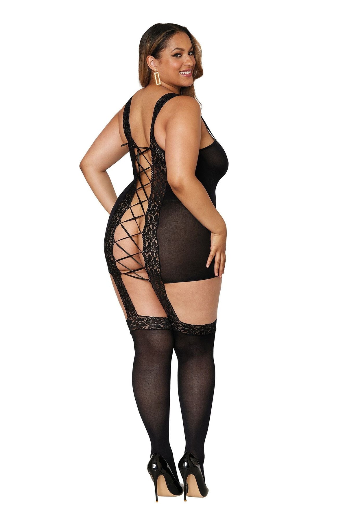Dreamgirl Plus Rose Lace Gartered Bodystocking Garter Dress Dreamgirl 