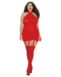 Dreamgirl Plus Sheer Garter Bodystocking with Thigh High Garter Dress Dreamgirl One Size Queen Red 