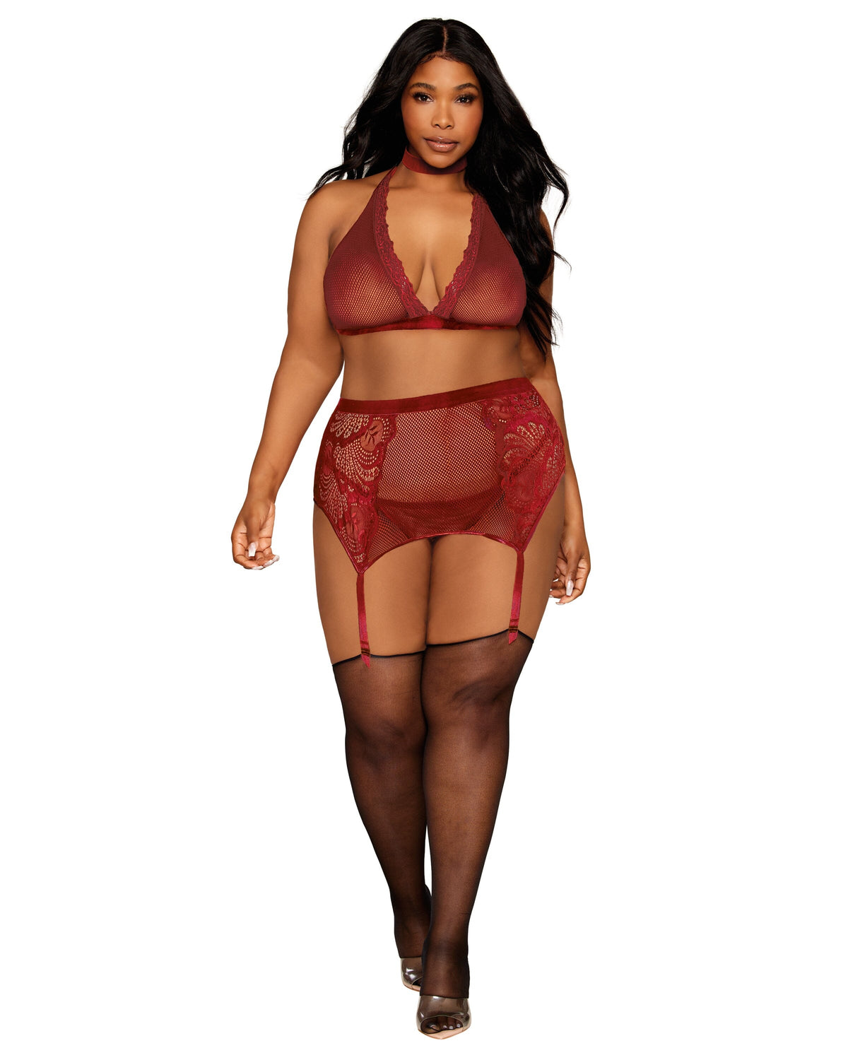 Dreamgirl Plus size fishnet & Lace Velvet Trims Halter Bralette & Garter Belt Lingerie Set Dreamgirl 