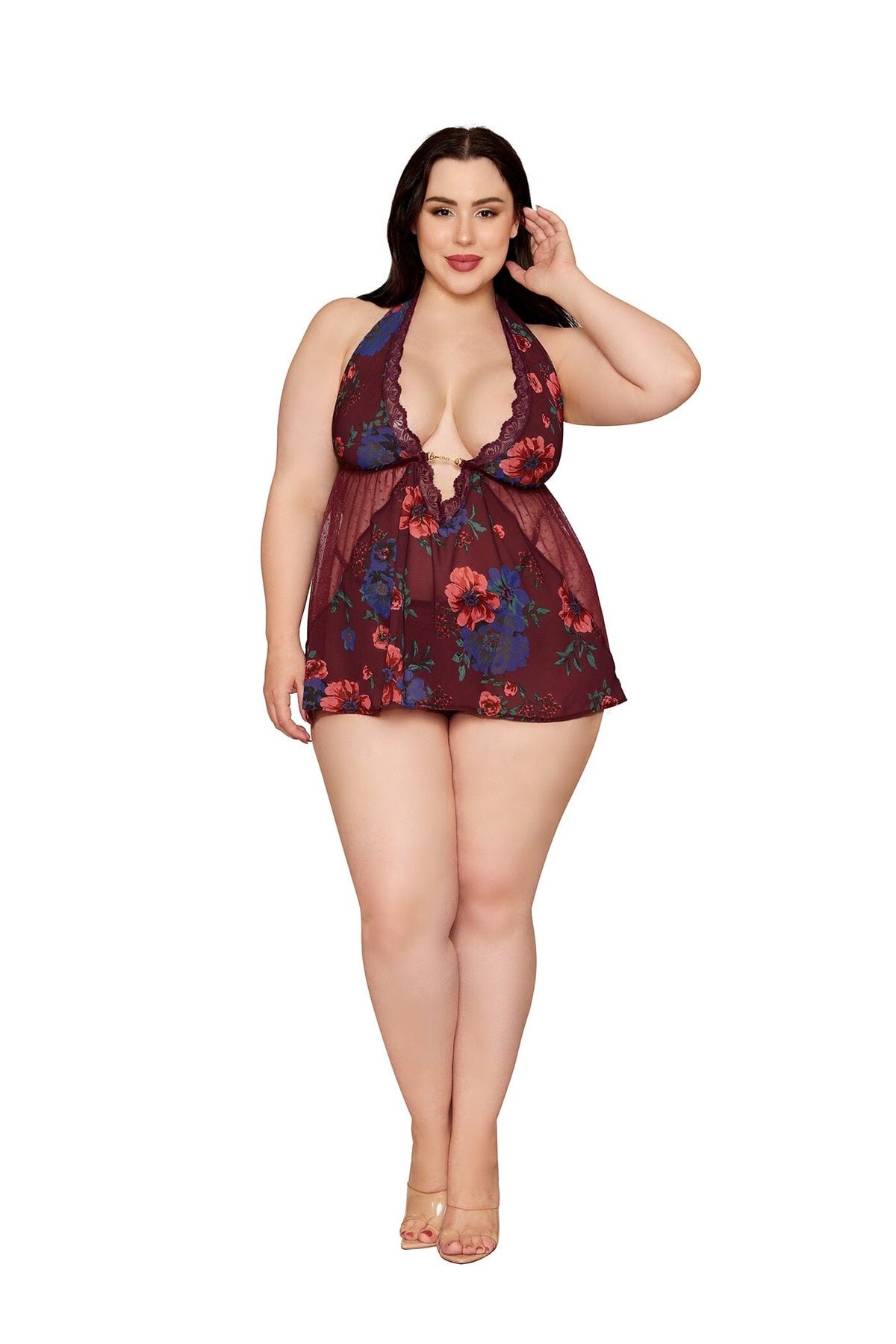 Dreamgirl Plus Size Floral Cherry Lacquer Babydoll & G-String Lingerie Dreamgirl