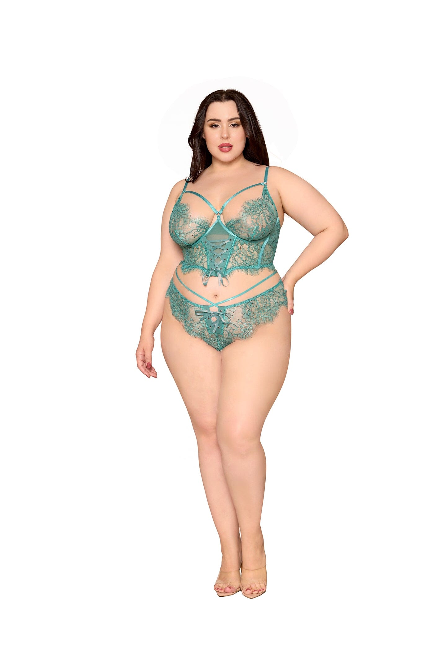Dreamgirl Plus Size Lace Agate Cropped Bustier & Thong Lingerie Dreamgirl