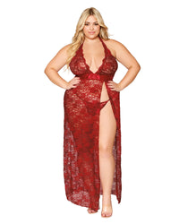 Dreamgirl Plus Size Lace Halter Gown Set with Scalloped-Edge Trim & High Side Slit Detail Sleepwear Set Dreamgirl