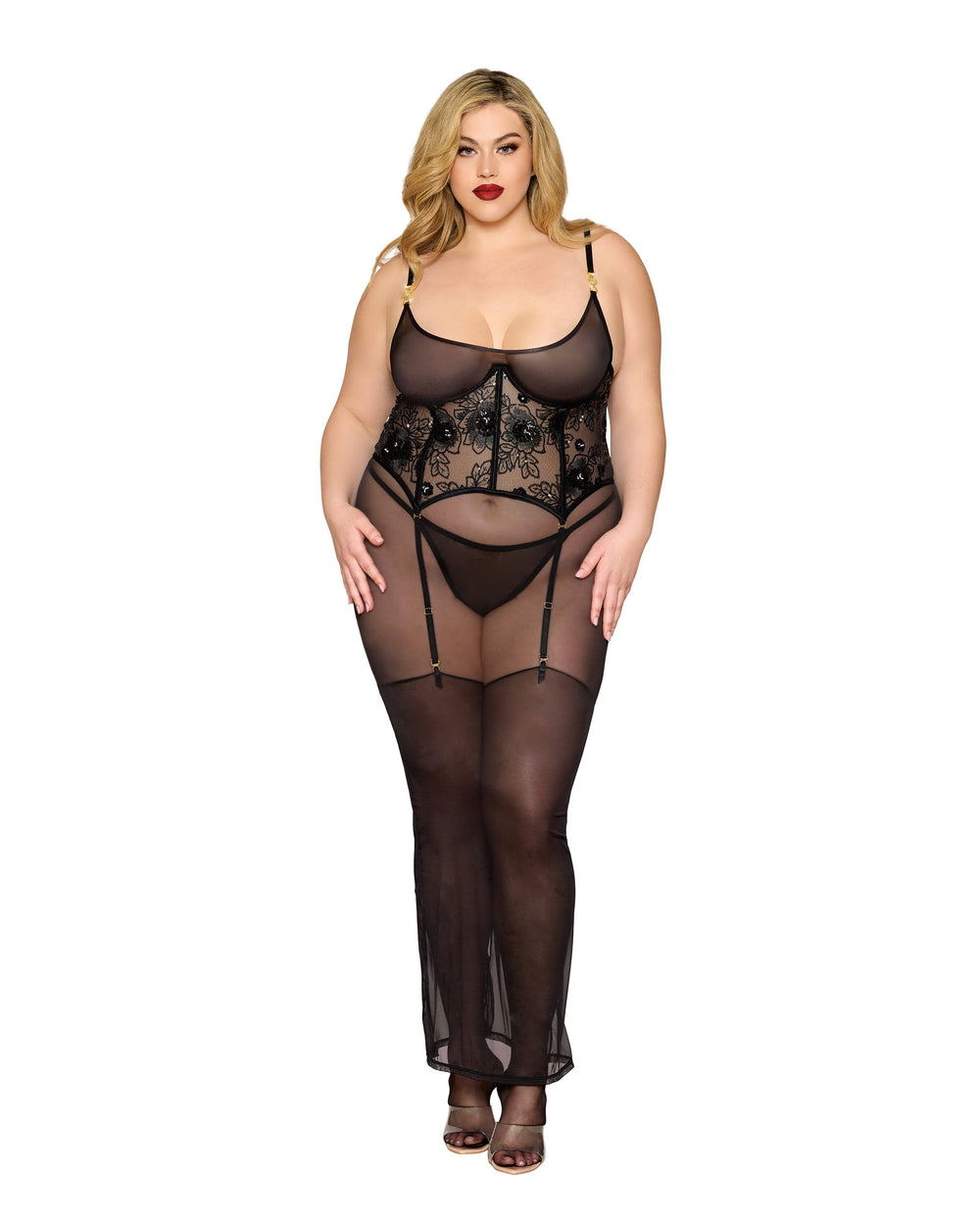 Dreamgirl Plus Size Lace Halter Gown Set with Scalloped-Edge Trim & High Side Slit Detail main image 1