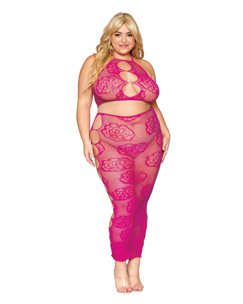 Dreamgirl Plus Size Seamless Bralette and Long Skirt Set with Knitted Large Rose and Fishnet Pattern Bralette set Dreamgirl 
