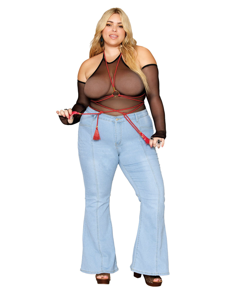 Dreamgirl Plus Size Stretch Mesh Halter Teddy with Attached Fingerless Gloves and Shabari-inspired Body Harness Teddy Dreamgirl 