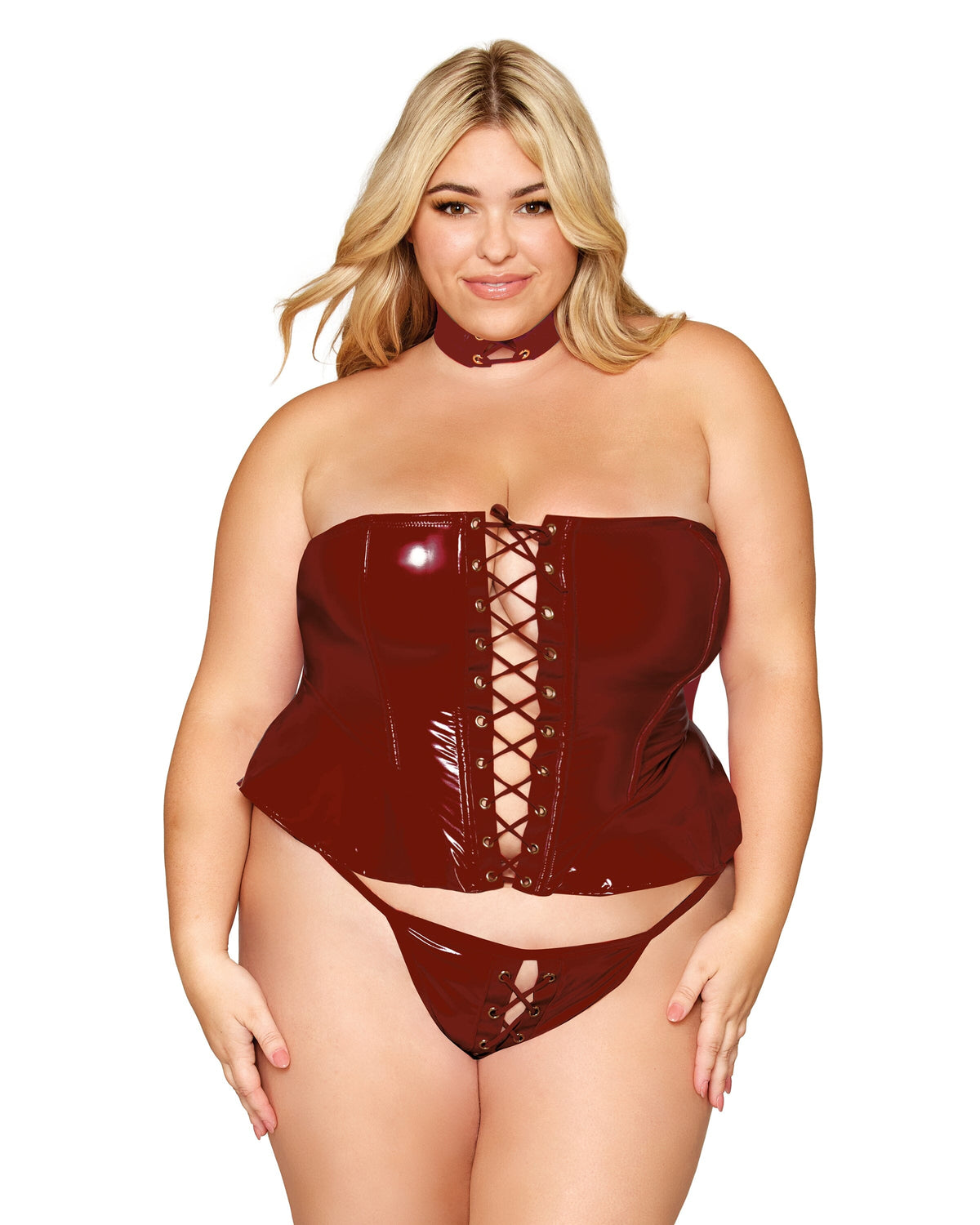 Dreamgirl Plus Size Vinyl Peplum Bustier, Collar, and G-string Set g string Dreamgirl 