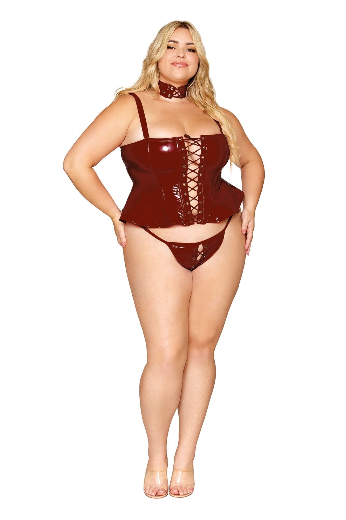 Dreamgirl Plus Vinyl Peplum Bustier, Collar, and G-string Set g string Dreamgirl 