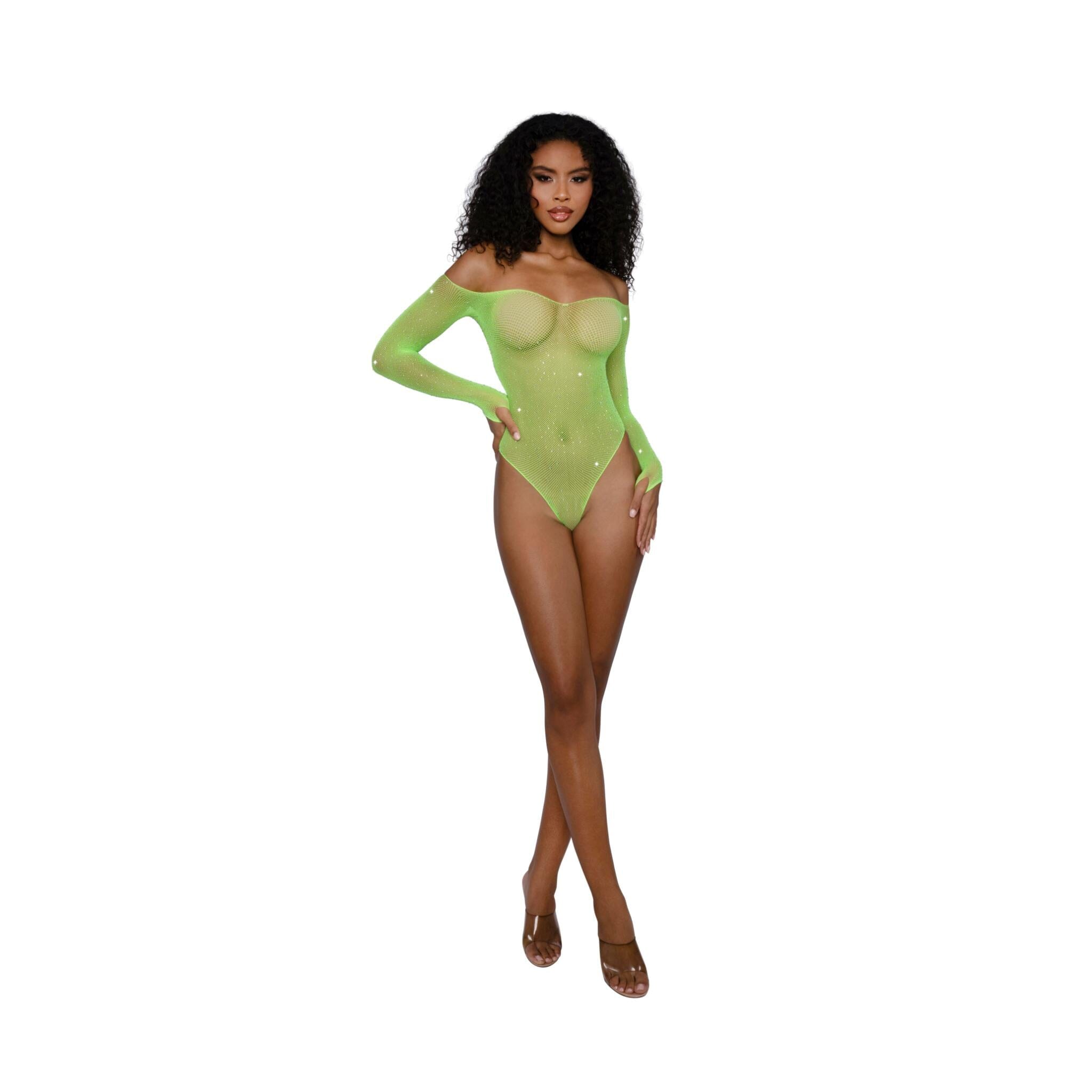 Dreamgirl Rhinestone Off Shoulder Bodystocking Dreamgirl Neon Lime 