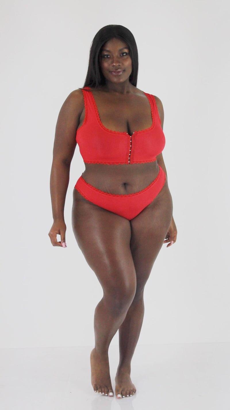Rib-Knit Sleepwear Bralette and Panty Set with Ruffled Lace Elastic Trim
