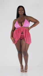 Metallic Sparkle Mesh and Stretch Vinyl Babydoll and G-string Set