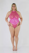 Flocked Heart Stretch Mesh and Stretch Vinyl Halter Teddy