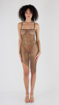 Brown Rhinestone Embellished Fishnet Chemise with an Asymmetrical Hemline