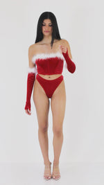 Stretch Velvet and Marabou Feather Trim Santa Bustier, Thong, and Gloves Set Santa Outfit