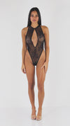 Stretch Lace Halter Neck Teddy with Keyhole Neckline