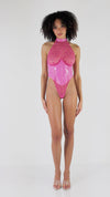 Flocked Heart Stretch Mesh and Stretch Vinyl Halter Teddy