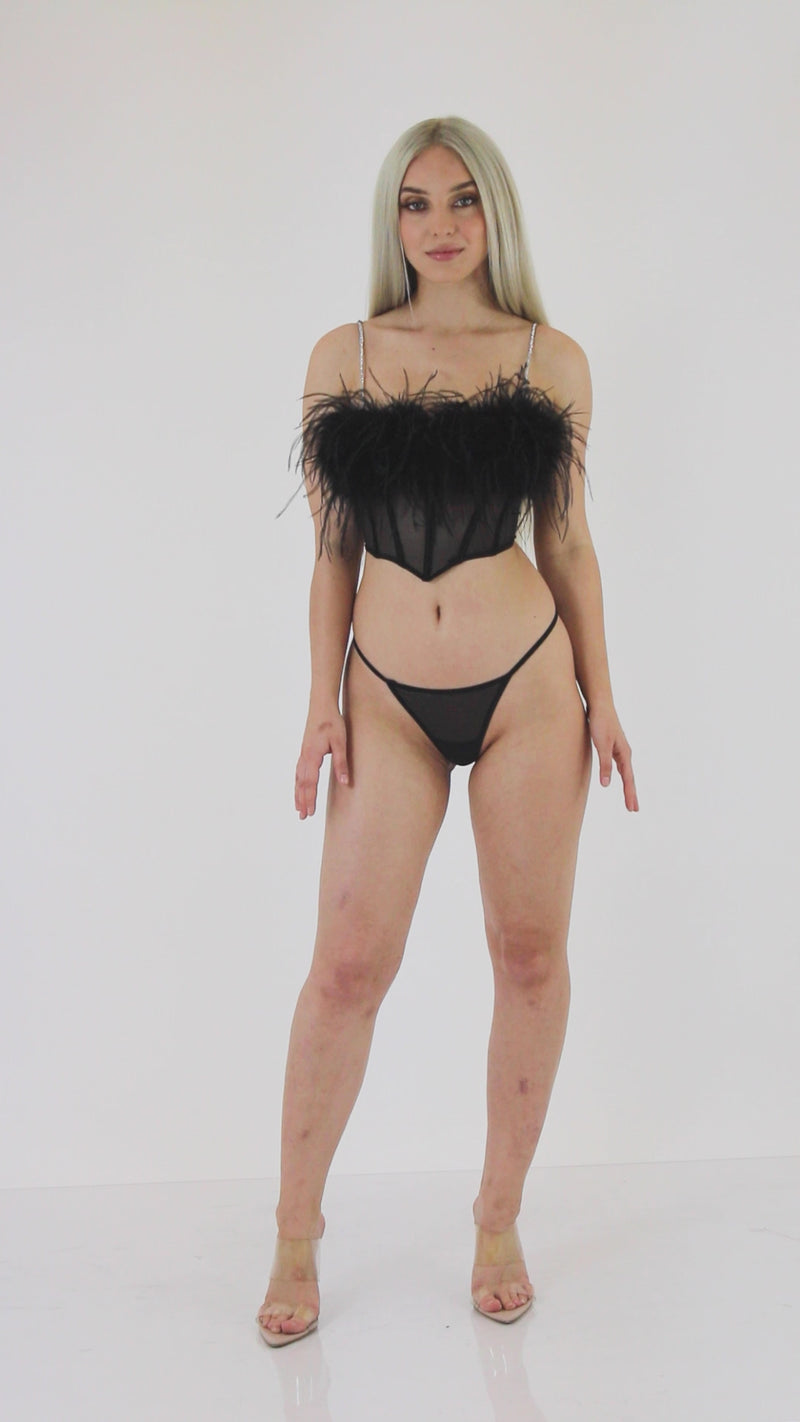 Stretch Mesh Bustier with Removable Feather Trim & G-String Set Video