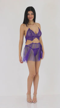 Floral Lace and Mesh Babydoll and G-string Set