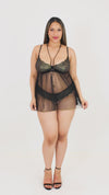 Dreamgirl Plus Size Gold Foiled Stretch Lace and Mesh Babydoll Set with Detachable Restraints