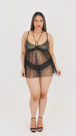 Dreamgirl Plus Size Gold Foiled Stretch Lace and Mesh Babydoll Set with Detachable Restraints