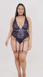 Dreamgirl Plus Size Stretch Lace Garter Teddy with Sequined Animal Print Trim Details