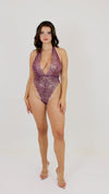 Dreamgirl Gold Foiled Stretch Lace Halter Teddy with Gold Colored Chain Detail