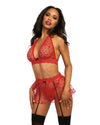 3-Piece Flocked Heart Mesh Bralette & Skirt Set with Bow Detail Dreamgirl International 