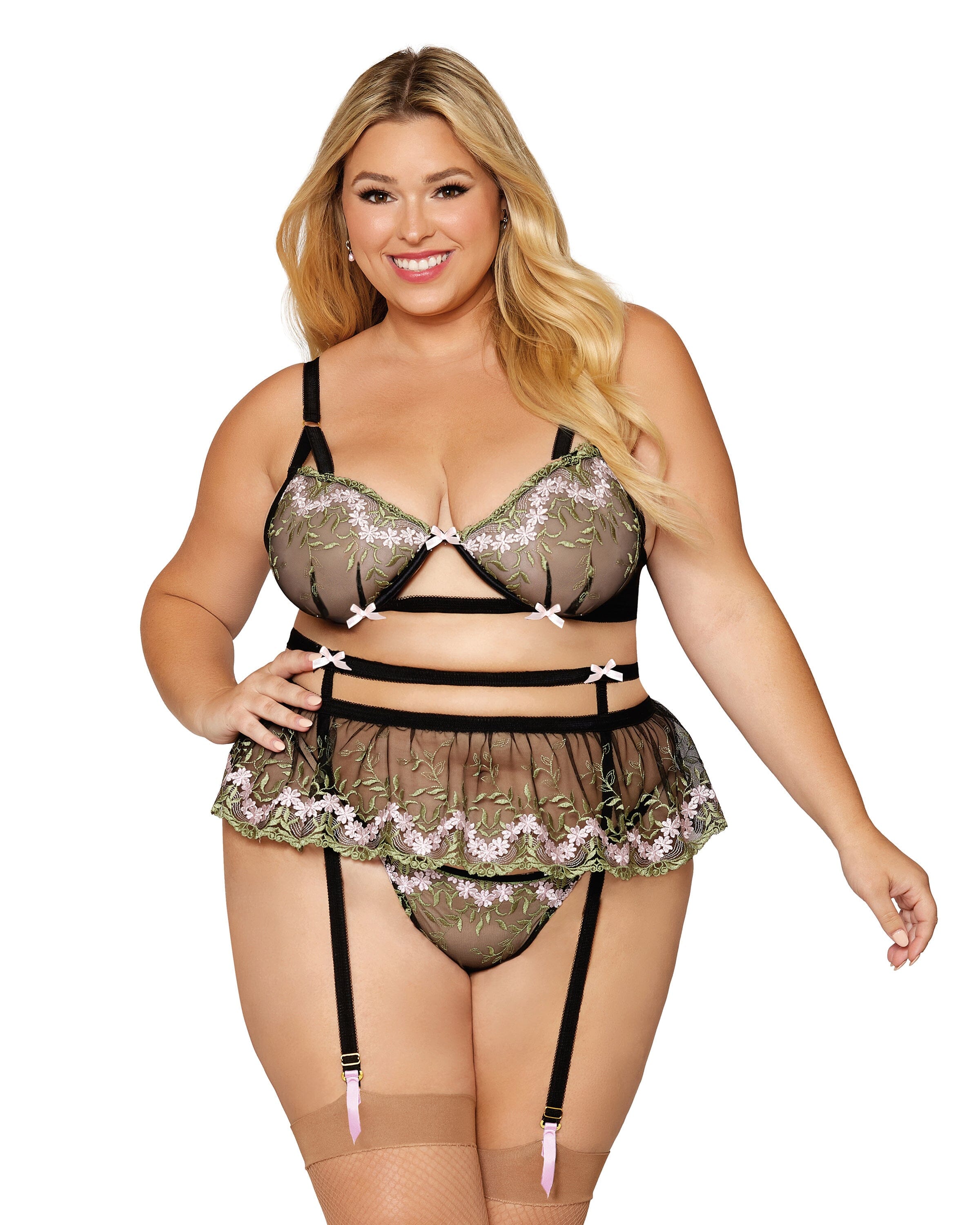 3-piece floral embroidery set with bra, garter belt and G-string Dreamgirl International 