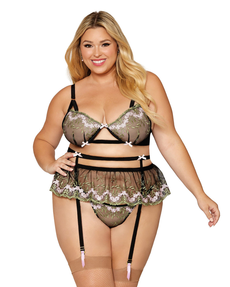 3-piece floral embroidery set with bra, garter belt and G-string Dreamgirl International 