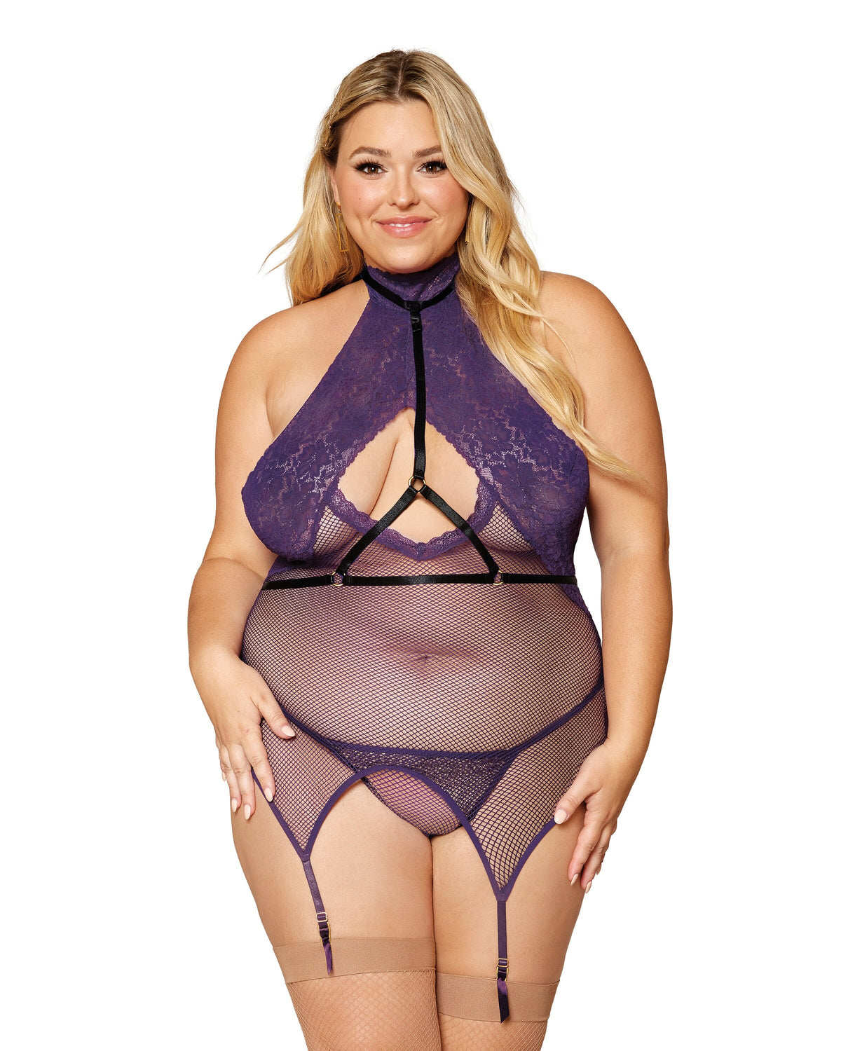 3-piece lace and fishnet garter slip, elastic harness and matching G-string set Lingerie Dreamgirl International OSQ Aubergine 