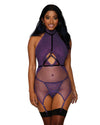 3-piece lace and fishnet garter slip, elastic harness and matching G-string set Lingerie Dreamgirl OS Aubergine 