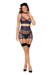 3-piece leopard stretch mesh and fishnet bra, garter skirt, and G-string set with fancy picot elastic trims and square gold hardware accents fishnet Dreamgirl International 