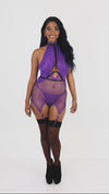 Dreamgirl 3-piece lace and fishnet garter slip, elastic harness and matching G-string set