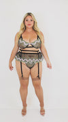Dreamgirl 3-piece floral embroidery set with bra, garter belt and G-string