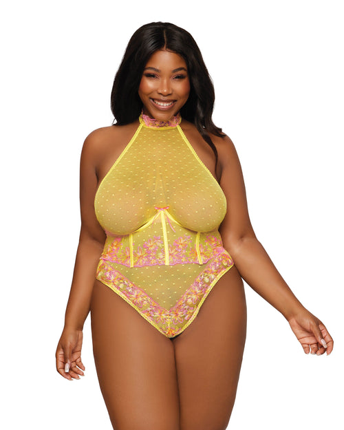 Colorful Embroidery and Dot Mesh Teddy and Open Cup Bustier Set Teddy Dreamgirl International 