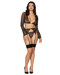 Corded Stretch Lace and Stretch Fishnet 3 Piece Garter Set CAMISOLE AND GSTRING Dreamgirl International 